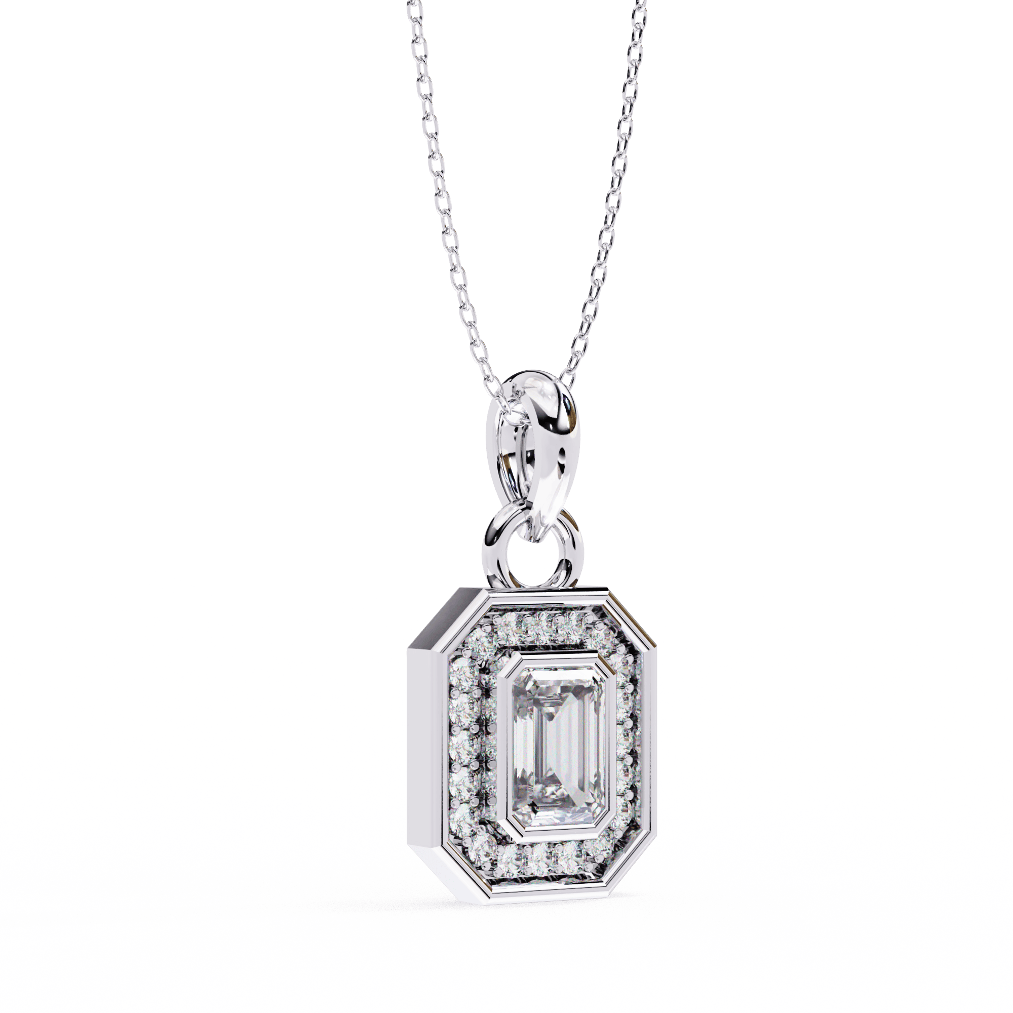 Emerald-cut diamond halo pendant